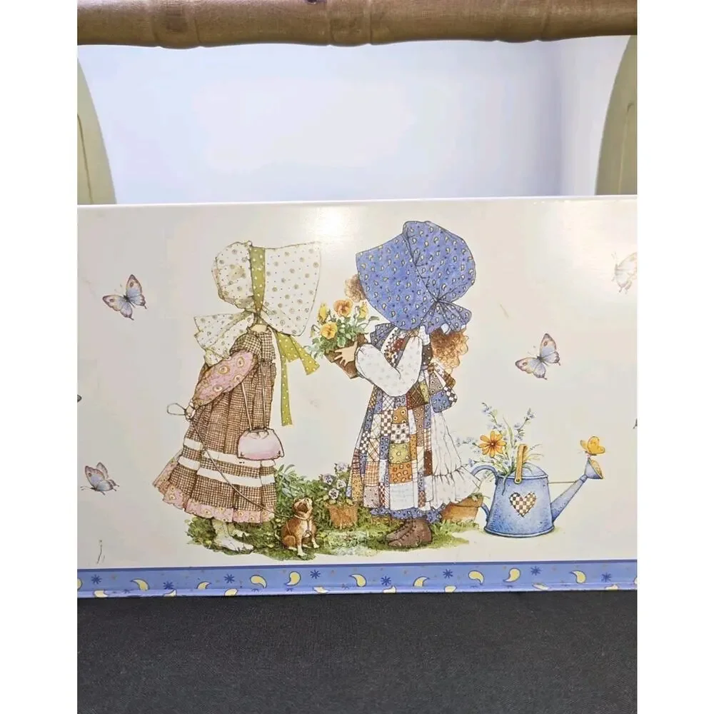 Vintage Holly Hobbie Metal Tin Storage Caddy Totes Wooden Handle 1970s Organizer